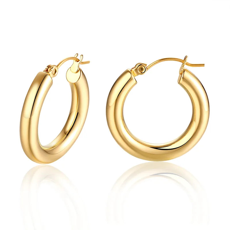 Pair of polished gold-tone thick hoop earrings with hinged post closures