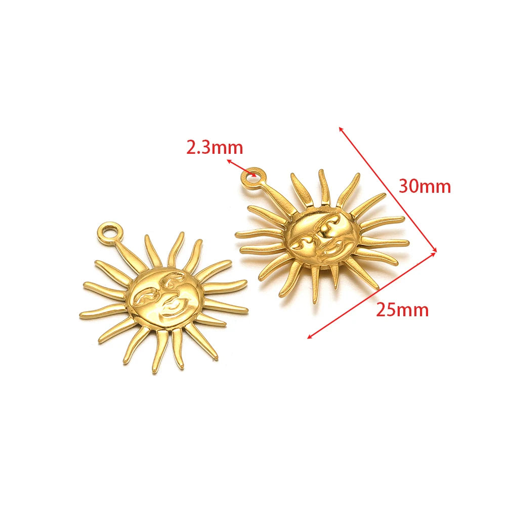 Gold smiling sun charm pendant with loop, sun rays and embossed face detail