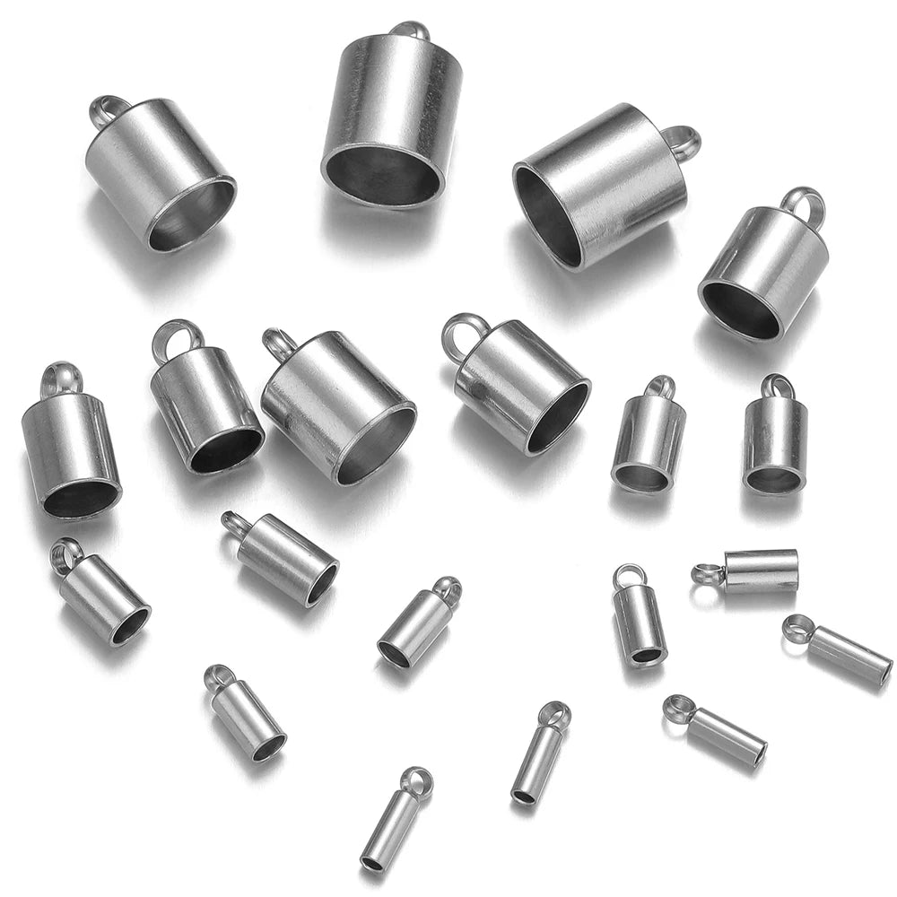 Steel crimp end caps for leather cords, stainless steel with loop eyelets