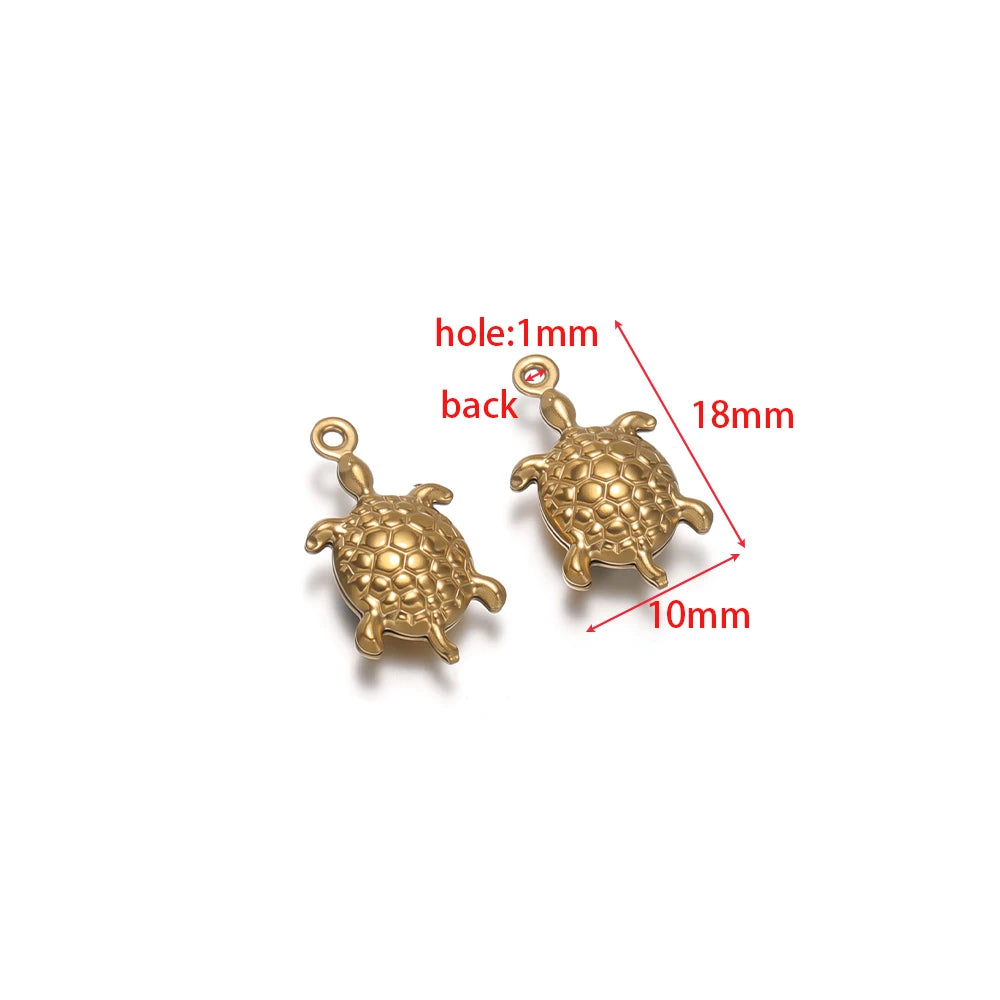 Gold turtle-shaped stainless steel hollow charm with round loop, for necklace or earrings