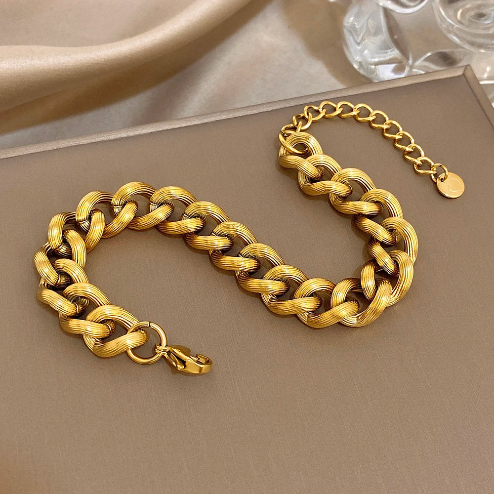 Vintage Geometric Woven Textured Thick Chain Bracelet Classic Stainless Steel Gold Plated Wrist Bracelets Waterproof Jewelry