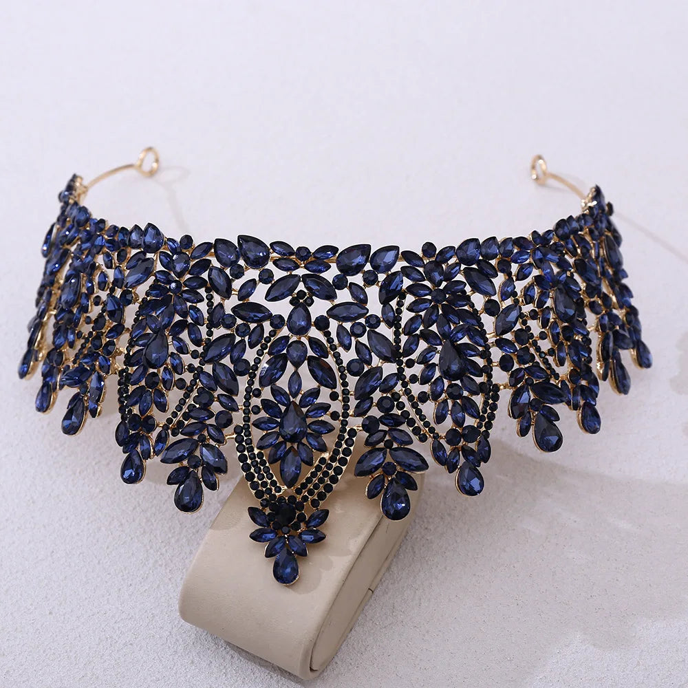Navy blue crystal tiara with teardrop stones and fringe along the headband