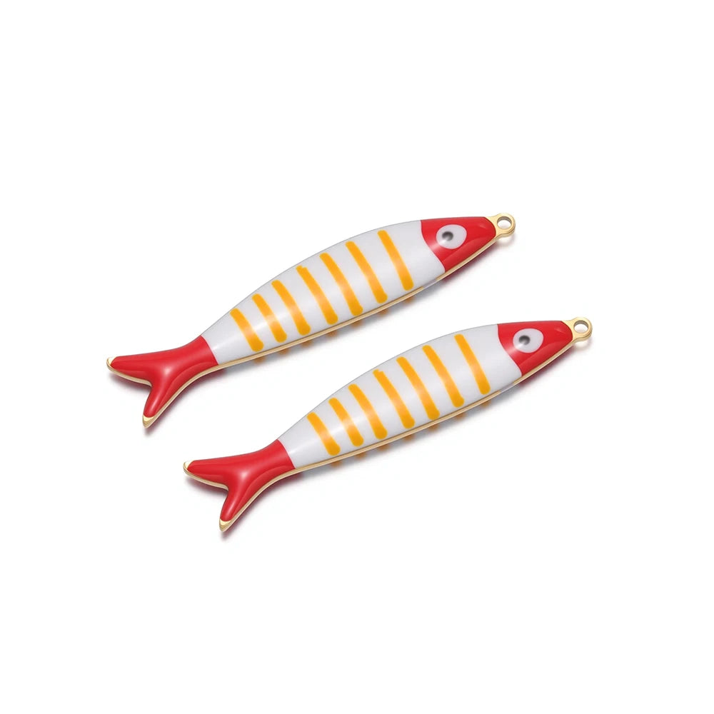 Pair of striped fish enamel charms, red fins with orange stripes, gold loops