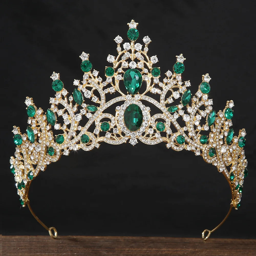 Gold rhinestone tiara crown with emerald green oval crystals