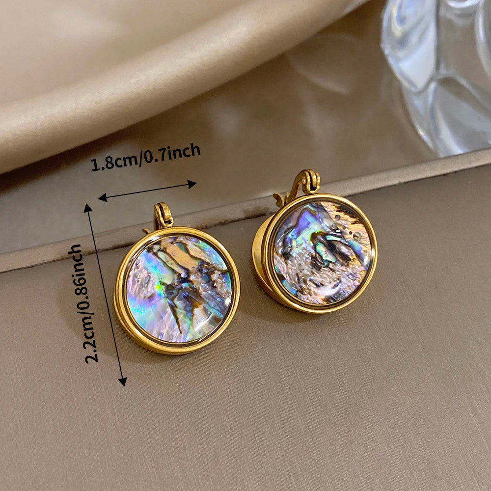 Gold-plated round abalone shell hoop earrings, iridescent disc with small top clasp