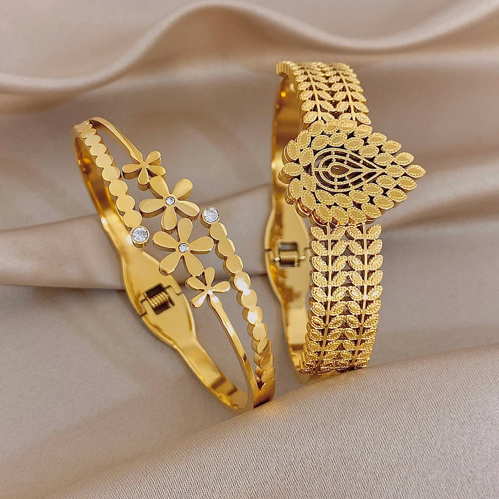 Chic Stainless Steel Gold Plated Cuff Bangle for Women Exaggerated Leaves Flower Chunky Bracelets Waterproof Jewelry Set