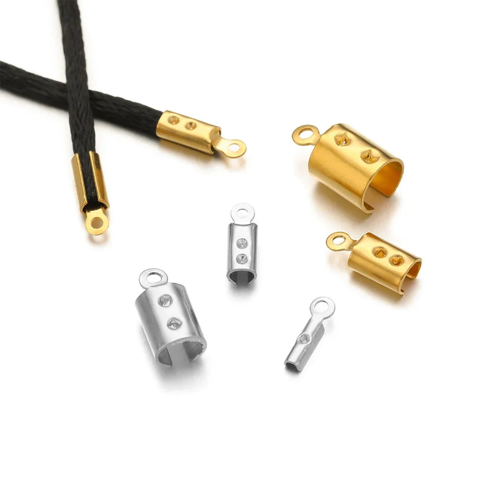 Crimp end bead caps in gold and silver, metal tubes with side loop and crimp holes.