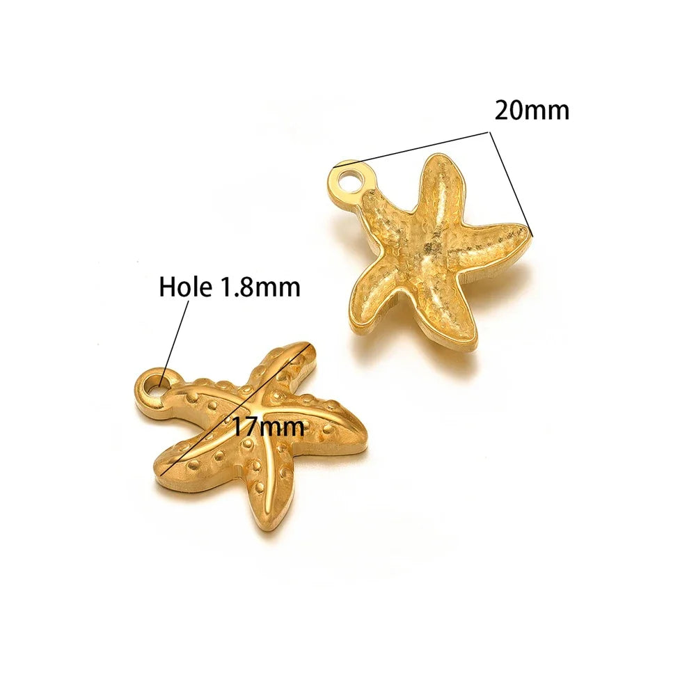 Gold starfish charms with 1.8mm hole, 17mm and 20mm sizes, loop bails