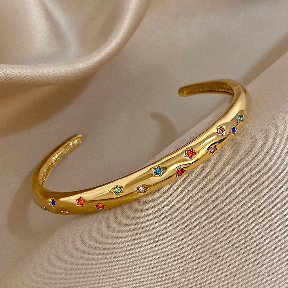 Delicate Colorful Zircon Cuff Bangle Bracelets for Women Trendy Gold Plated Stainless Steel Smooth Bangles Waterproof Jewelry