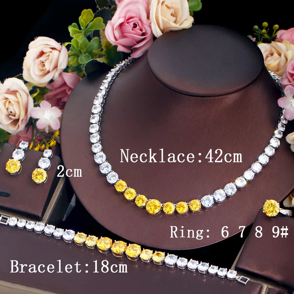 Yellow cubic zirconia tennis jewelry set with necklace, bracelet, ring, and earrings