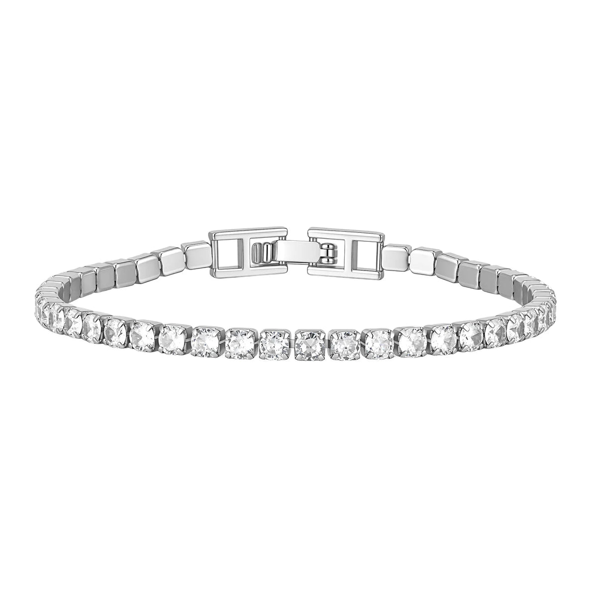 Silver tennis bracelet with clear cubic zirconia stones and hinged clasp detail