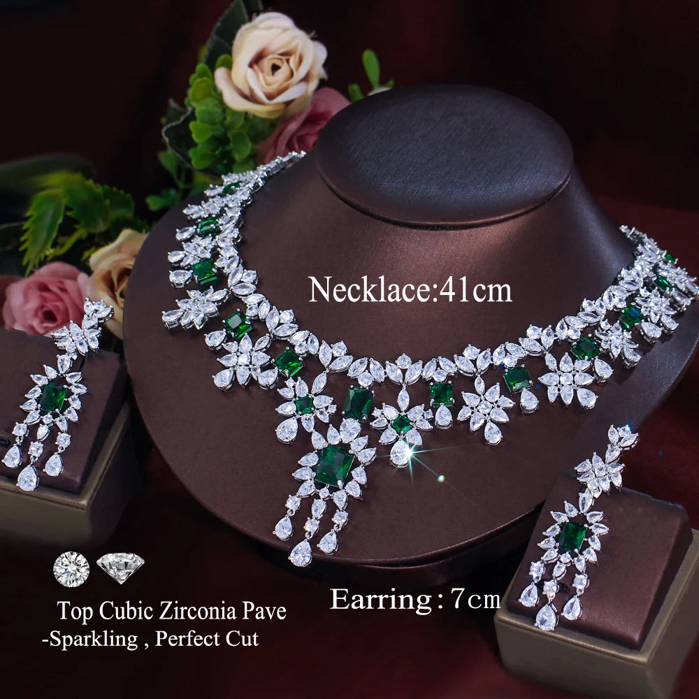 Emerald green and clear cubic zirconia floral necklace and earring set