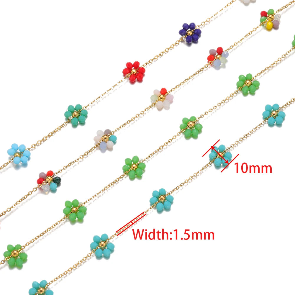Gold-tone daisy flower beaded chain, small four-petal beads; 1.5mm width