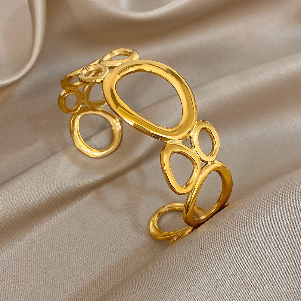 Irregular Geometric Hollow Circle Wide Bracelet Fashion Gold Plated Stainless Steel Cuff Bangle Bracelets Waterproof Jewelry