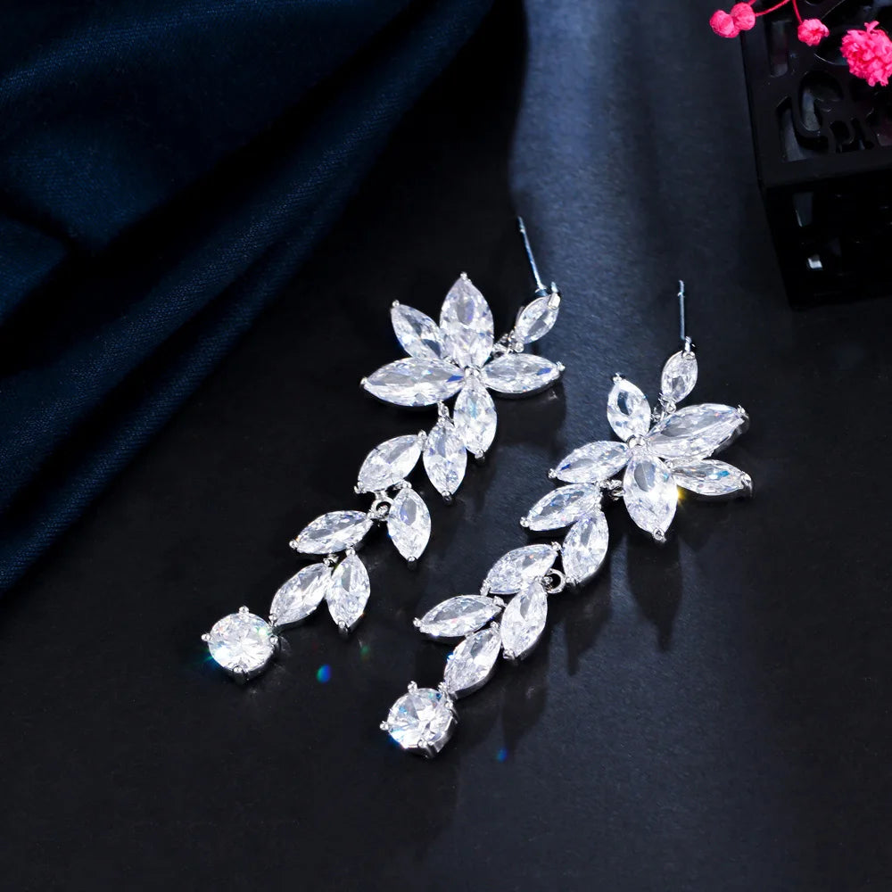 Bling Bling CZ Silver Plated Flower Leaf Shaped Long Dangle Earrings For Women Fashion Jewelry