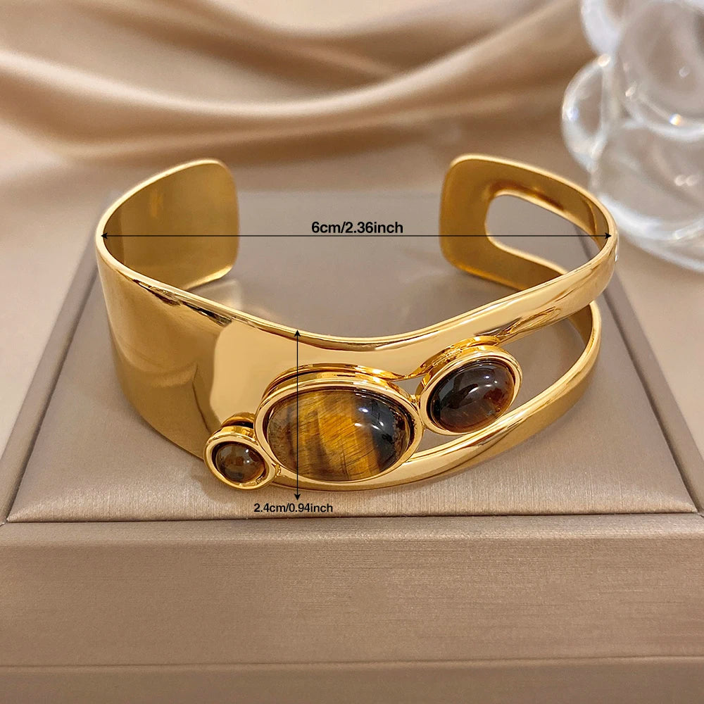 Retro Tiger Eye Stone Beads Cuff Bangle for Women Glossy Geometric Gold Plated Stainless Steel Wide Bracelets Waterproof Jewelry