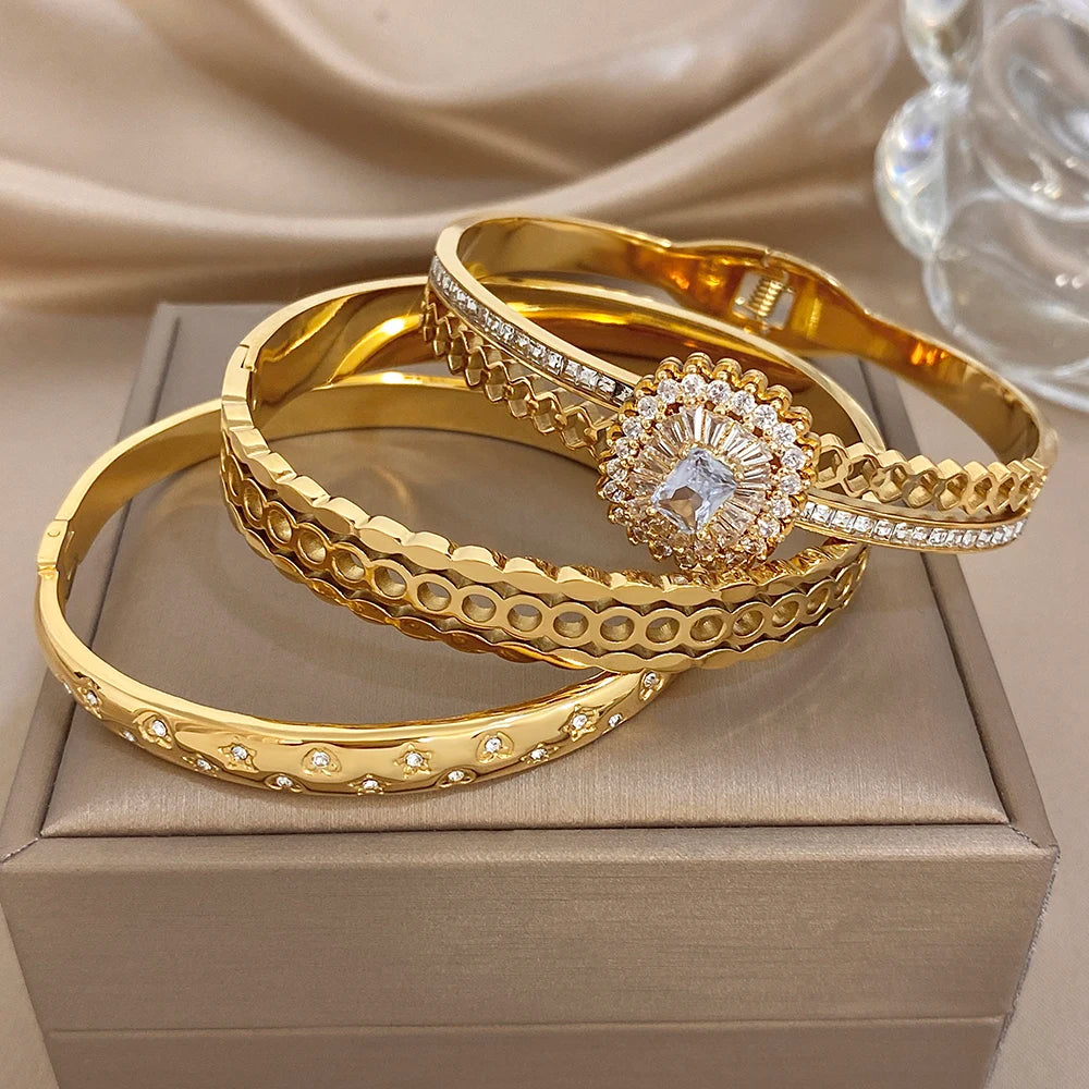 Glossy Gold Plated Cuff Bangle Bracelets for Women Exaggerated Zircon Geometric Stackable Wide Bracelet Waterproof Jewelry