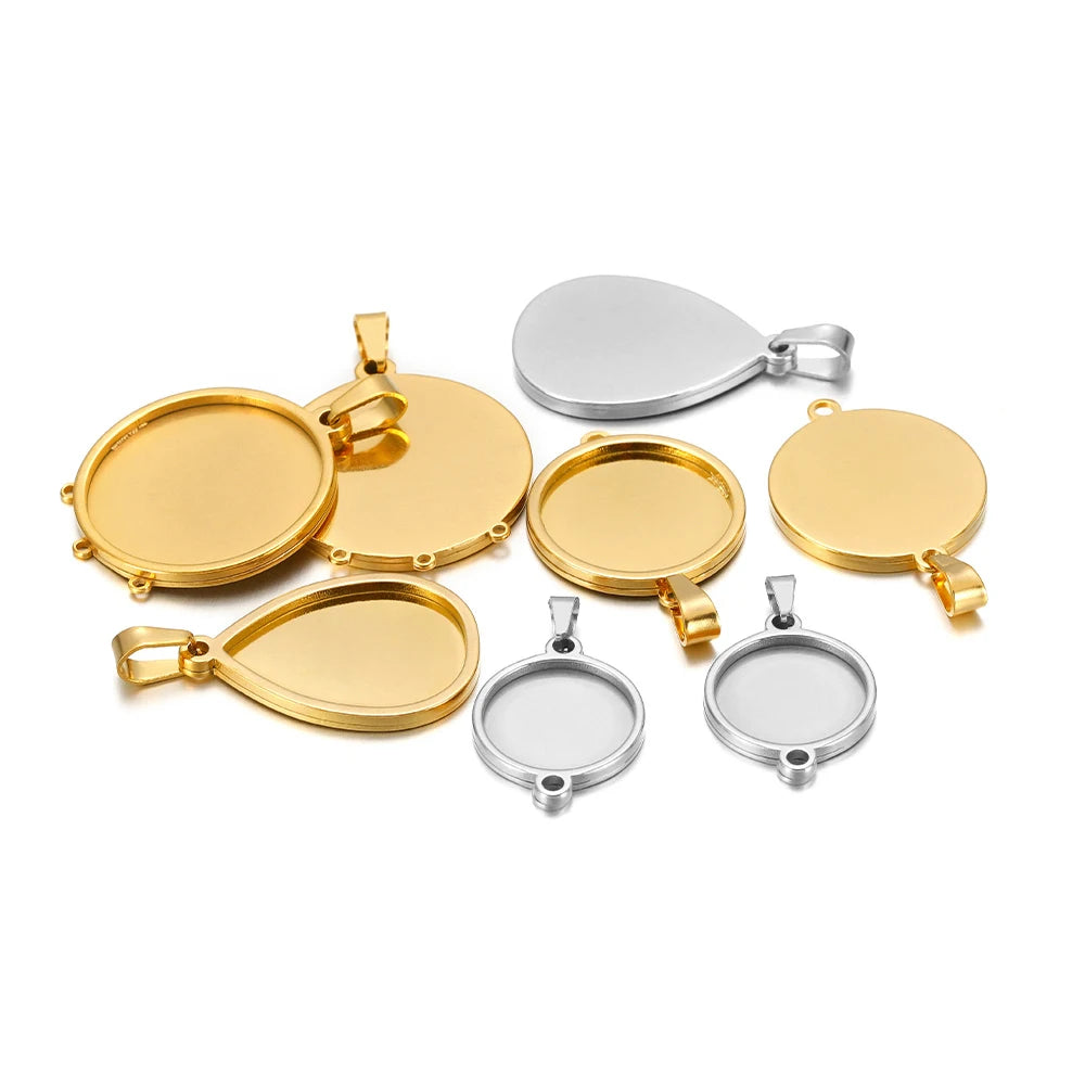 Round pendant cabochon settings, gold-tone and silver-tone blank trays with bails