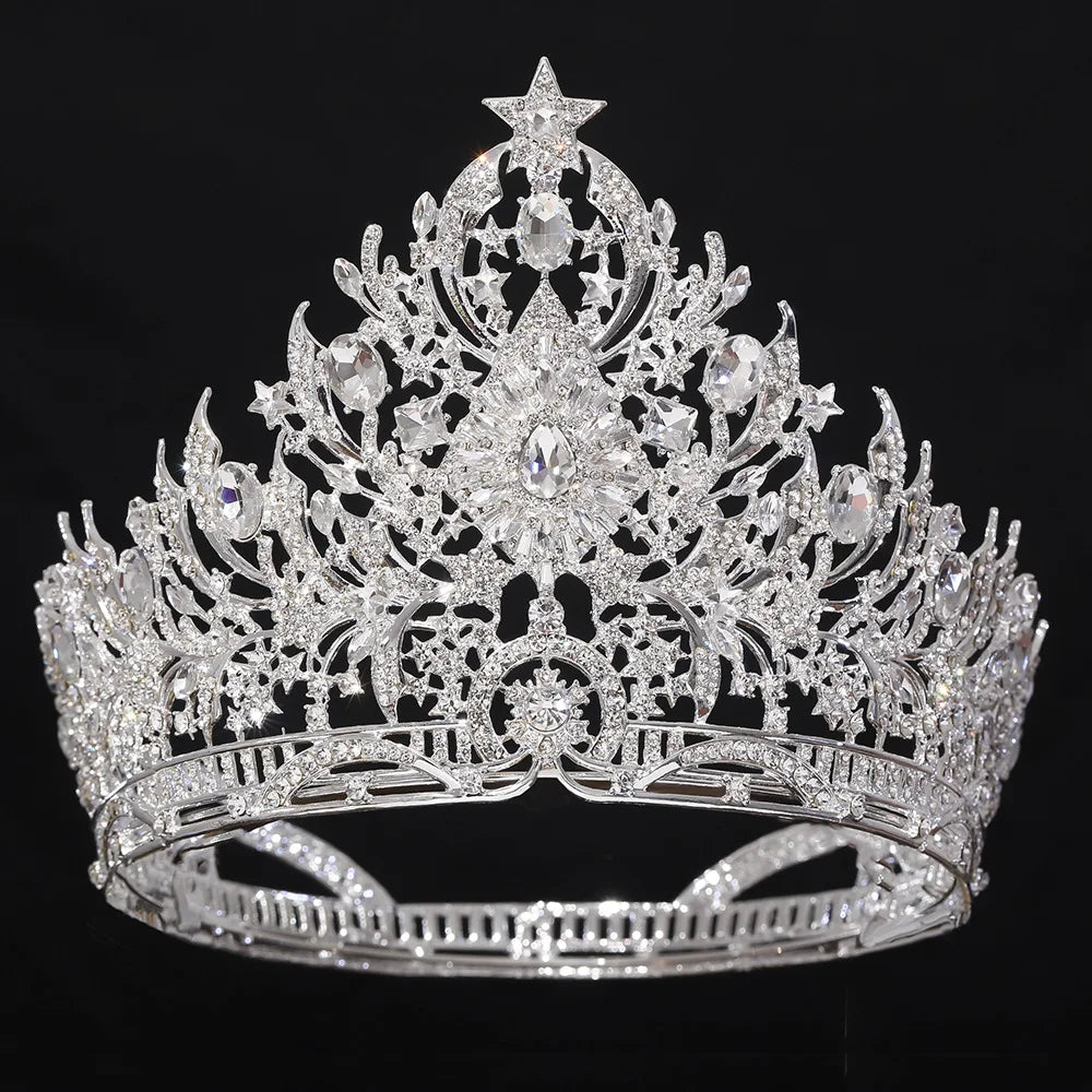 Silver-tone crystal bridal tiara with clear rhinestones and ornate arched base