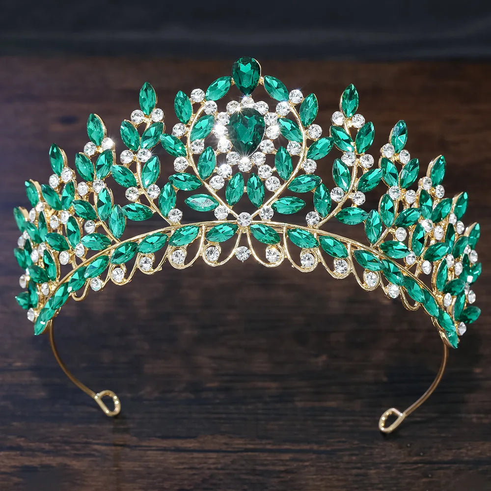 Emerald green crystal leaf-branch tiara with teardrop stones and arched headband