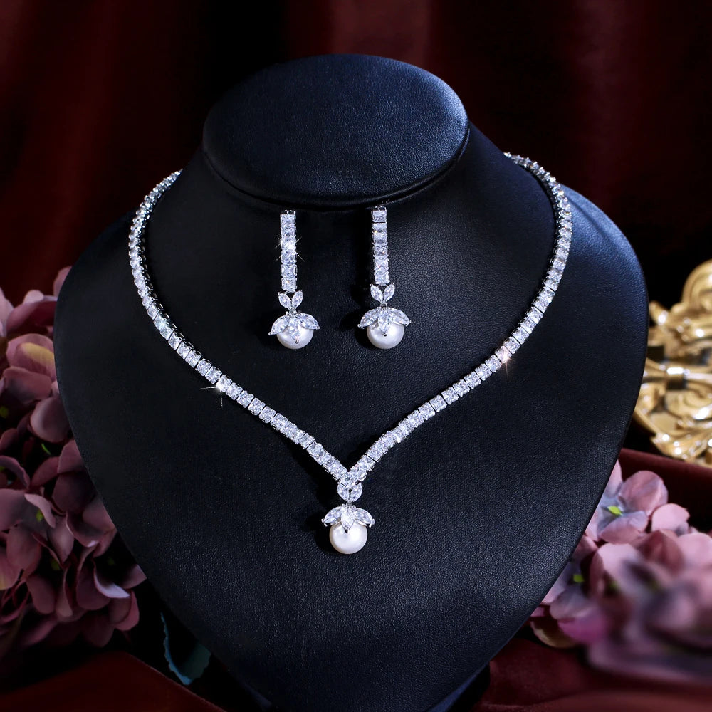 Shiny Cubic Zircon Pearl Necklace Earrings Costume Jewelry Sets for Women Party Bridal Wedding