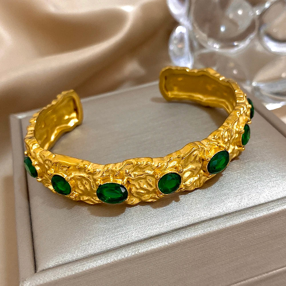 Vintage Green Zircon Stainless Steel Cuff Bracelet Chunky Geometric Textured Gold Plated Open Bangles Waterproof Jewelry