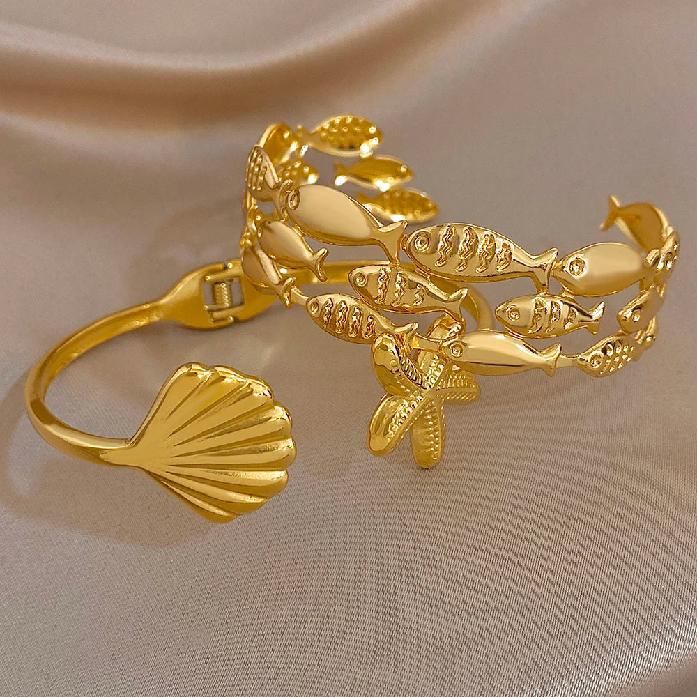 Chic Geometric Fish Shell Starfish Wide Bracelet for Women Glossy Gold Plated Stainless Steel Cuff Bangles Waterproof Jewelry Se
