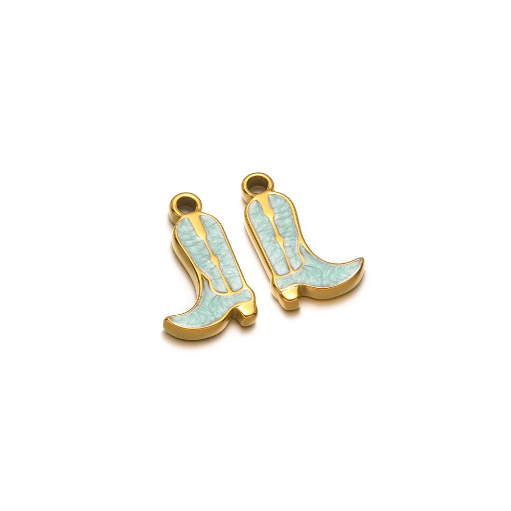 Gold-tone cowboy boot charm with hollow ring, light blue enamel, pair of two