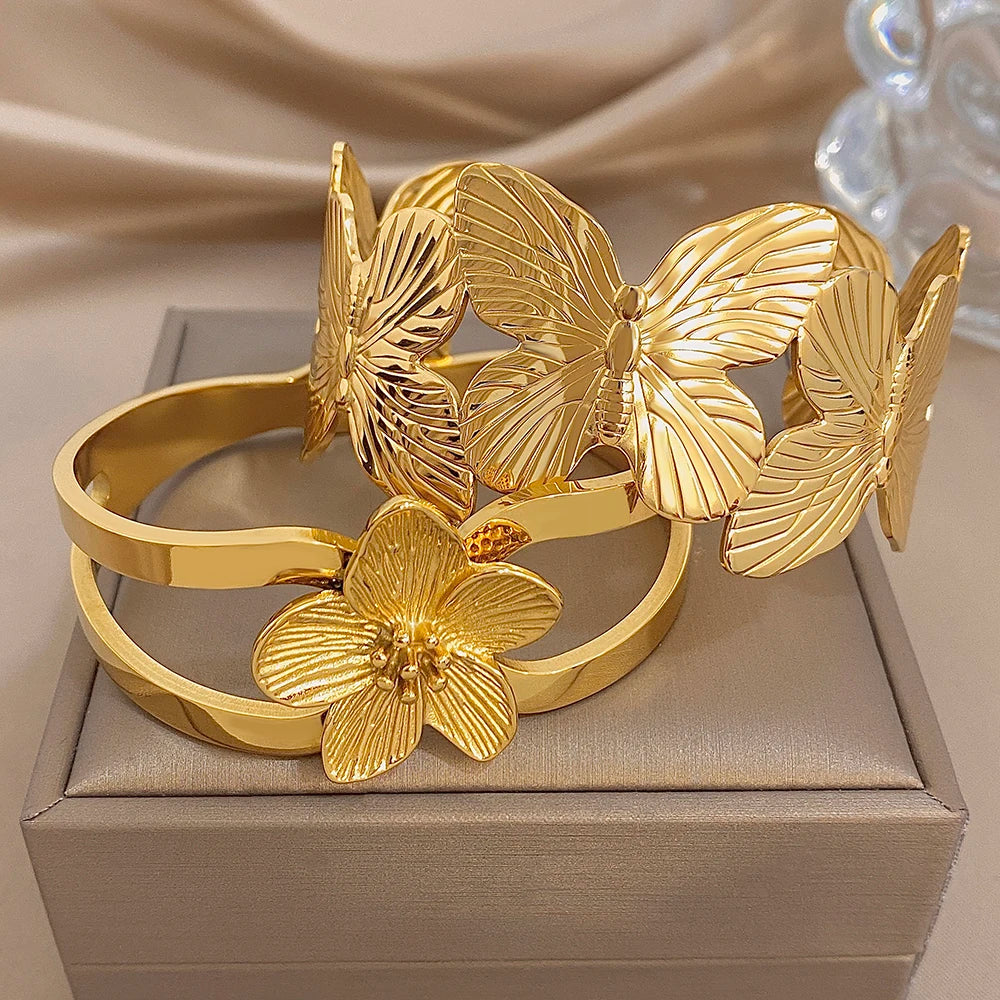 Exaggerated Gold Plated Stainless Steel Cuff Bangle Bracelet for Women Fashion Flower Butterfly Bracelets Waterproof Jewelry Set
