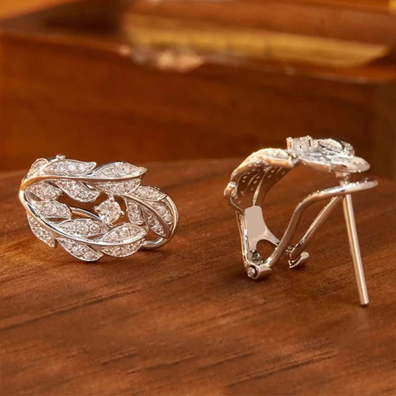 Silver Color Leaf Earrings for Women Full Dazzling Cubic Zirconia Jewelry