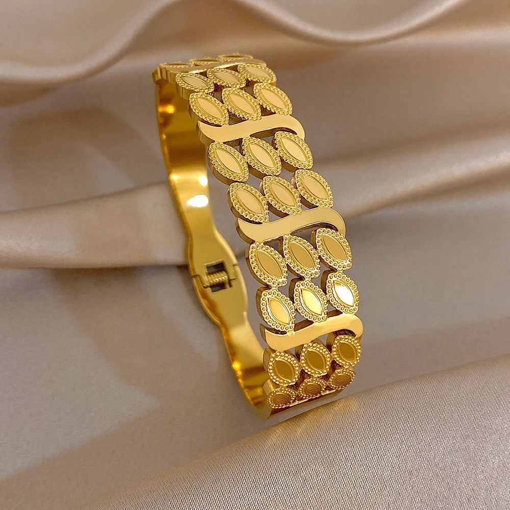 Delicate Geometric Flower Carved Wide Bracelet for Women Glossy Gold Plated Stainless Steel Cuff Bangles Waterproof Jewelry