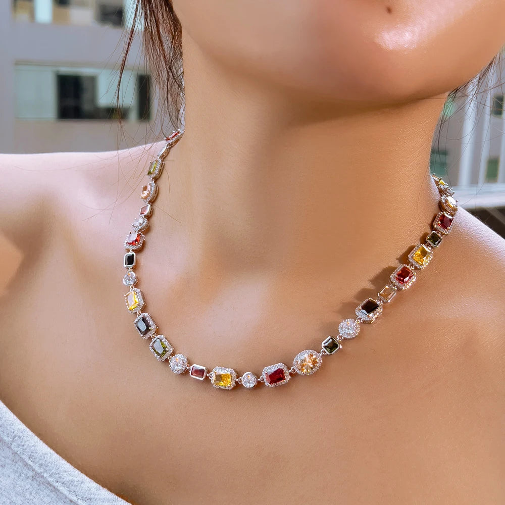 Multi Color Cubic Zirconia Irregular Chain Necklace for Women Daily Party Engagement Jewelry