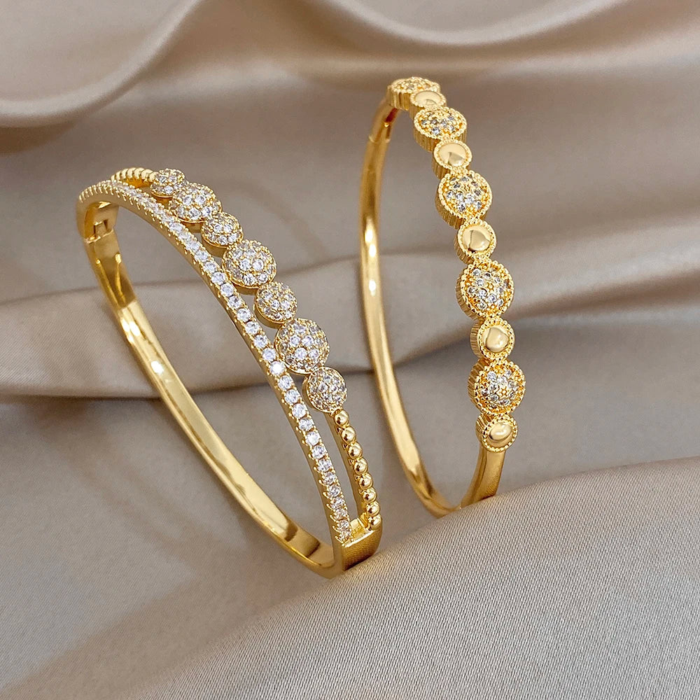 Gold-tone round zircon row cuff bangle, two layered bracelet set