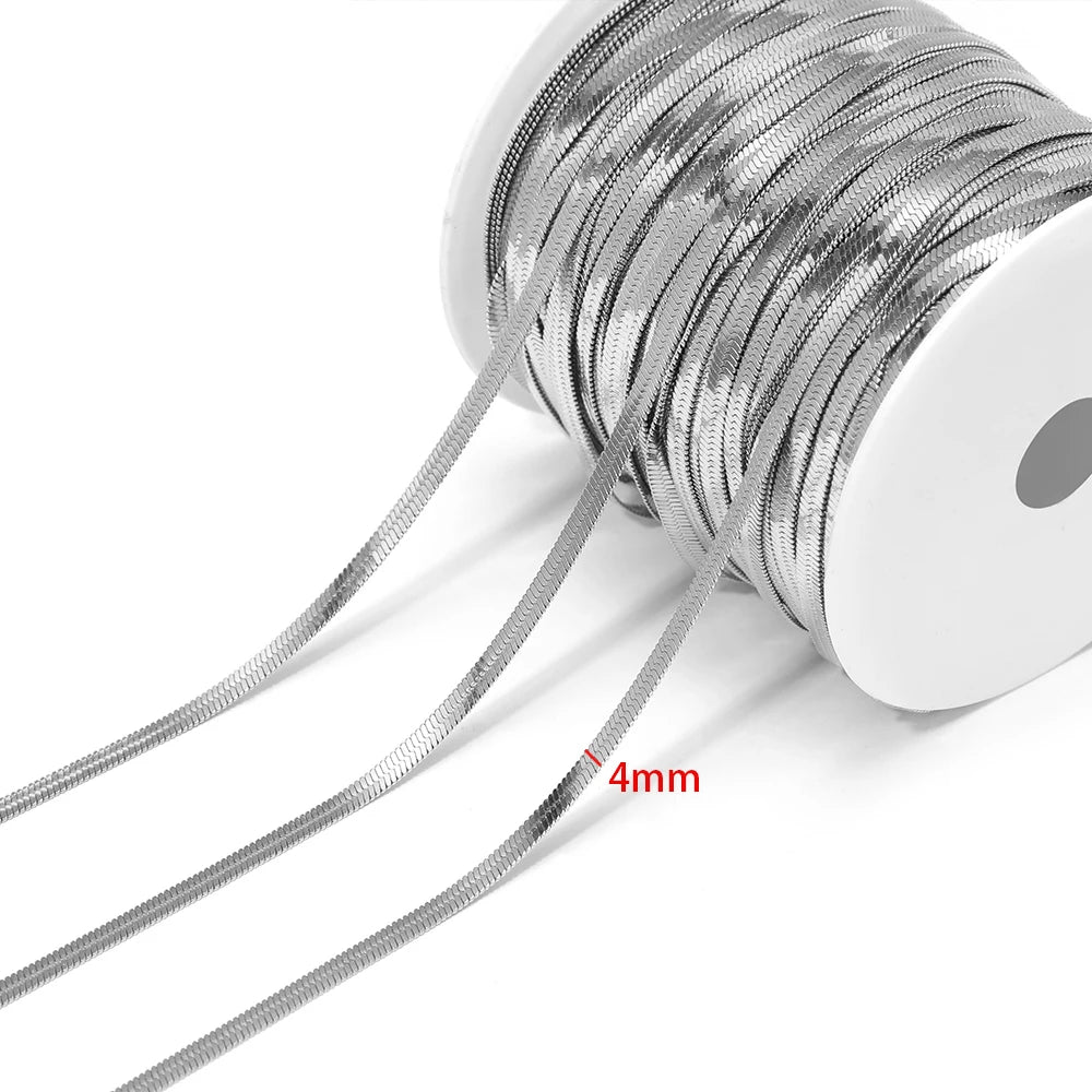 Silver flat snake chain cord, 4mm thickness, coiled on white spool