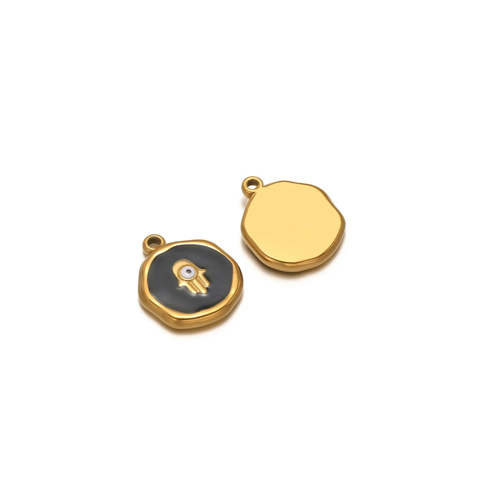 Gold teardrop charm with loop bail and black evil-eye enamel round charm pendant