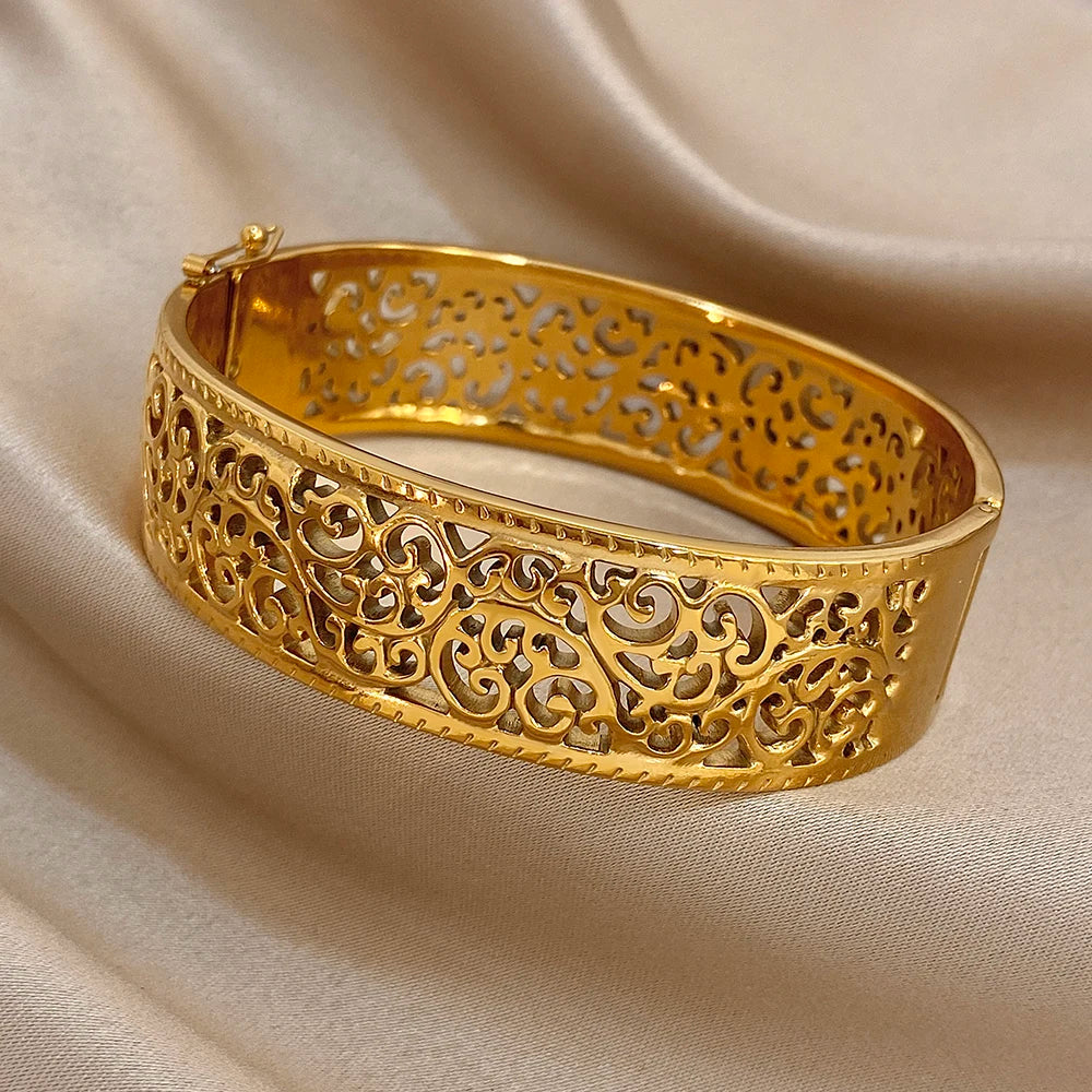 Vintage Palace Geometric Carved Flower Bracelet for Women Chunky Gold Plated Stainless Steel Cuff Bangles Waterproof Jewelry