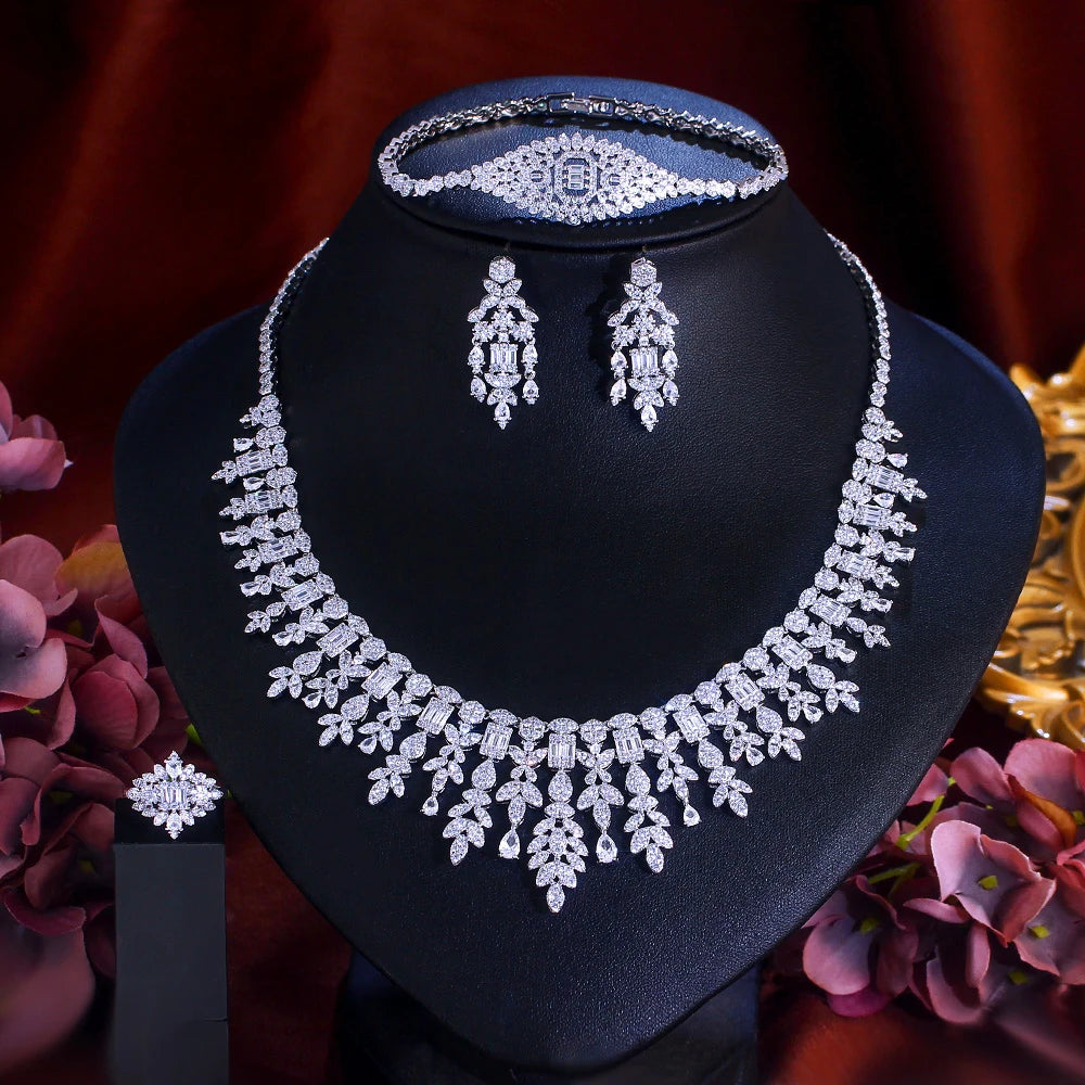 Cubic zirconia tassel drop jewelry set with necklace, bracelet, and drop earrings