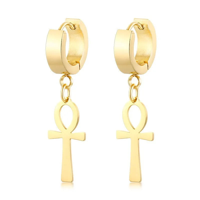 Gold-tone cross drop hoop earrings with hanging straight cross charm