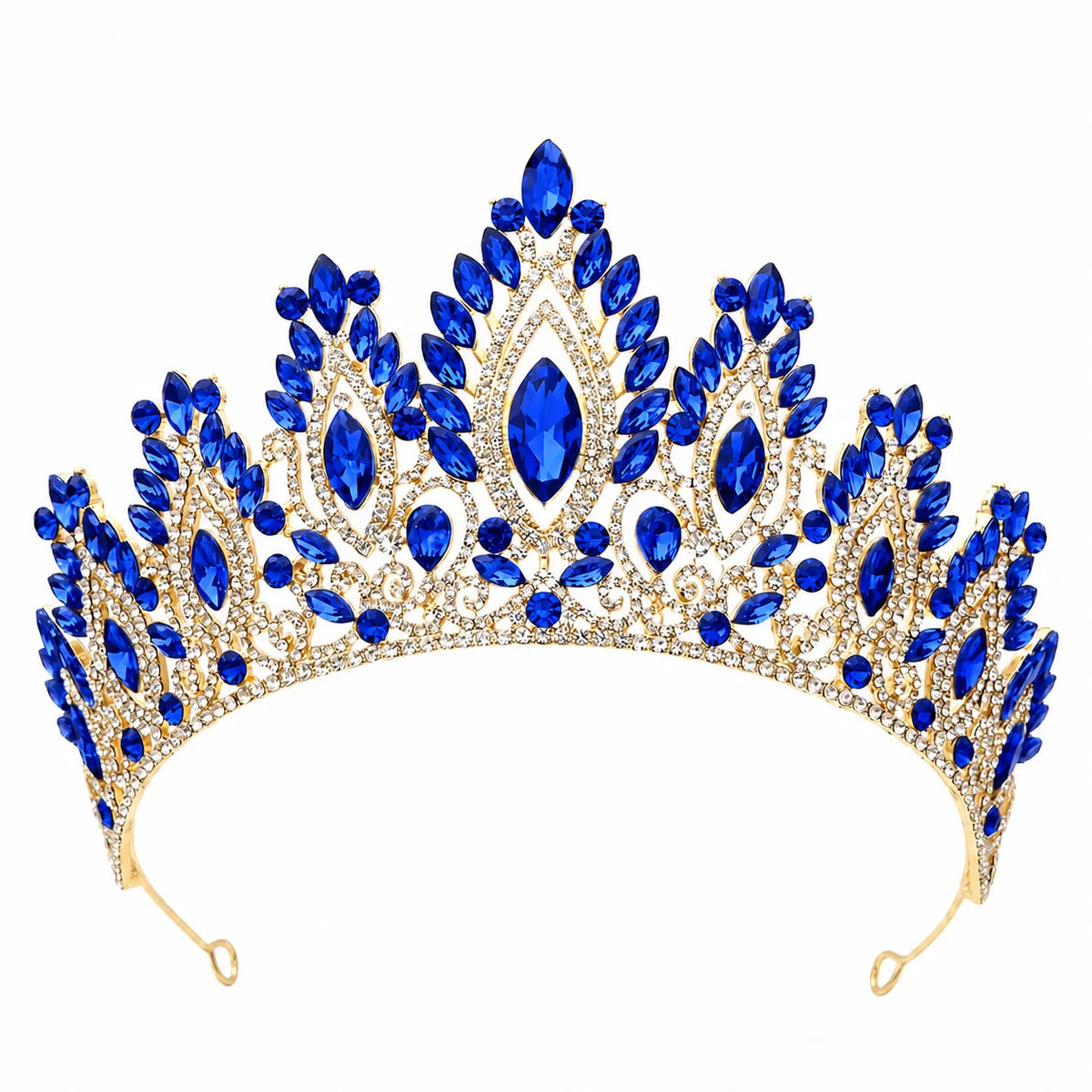 Crystal tiara headband with royal blue rhinestone marquise stones and clear center