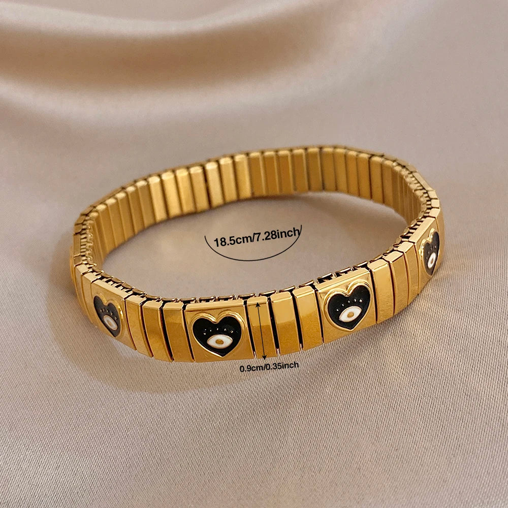 Chunky Gold Plated Stainless Steel Watch Band Bracelet Colorful Enamel Heart Evil Eye Elastic Bangle Bracelet Waterproof Jewelry