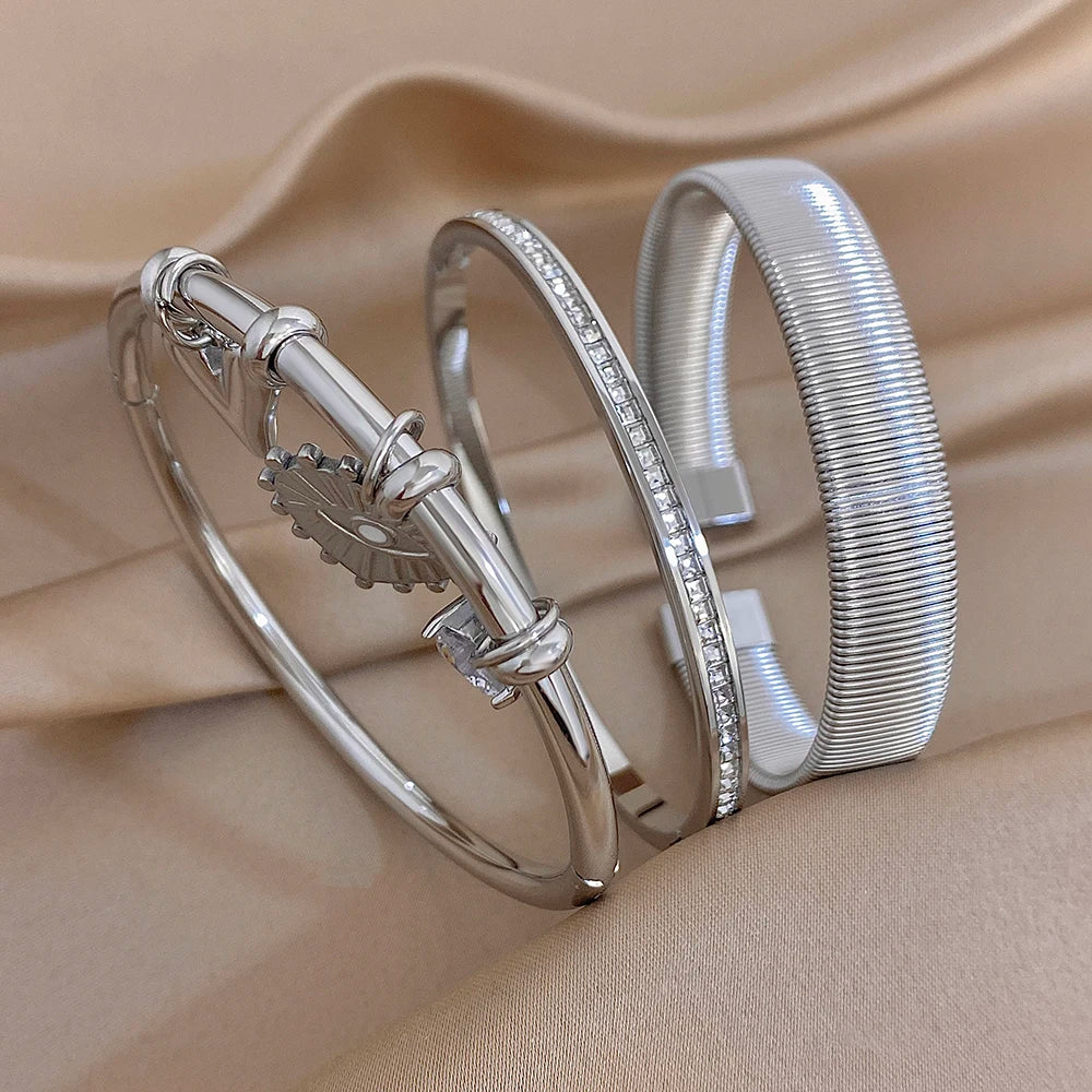 Trendy Silver Color Stainless Steel Cuff Bangle for Women Chunky Zircon Heart Charms Stacked Bracelets Waterproof Jewelry