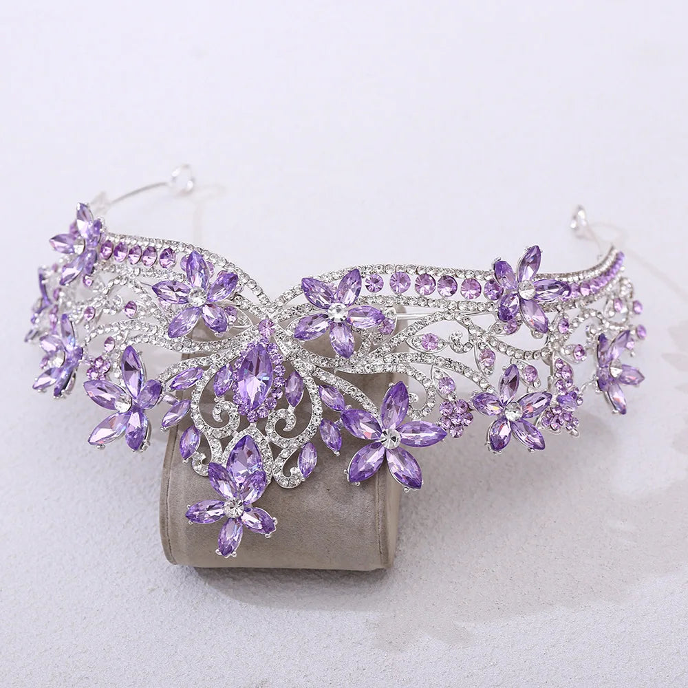 Baroque Crystal Flower Blue Opal Tiaras For Women Party Luxury Bride Diadem Rhinestone Crown Hair Accessories Jewelry