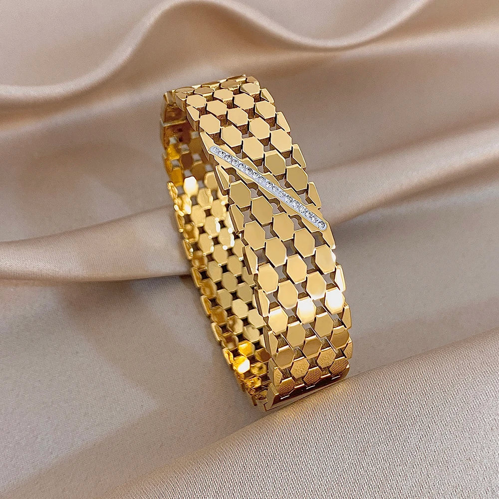 Luxury Rhinestone Stainless Steel Cuff Bracelet for Women Trendy Zircon Geometric Gold Color Wide Bangles Waterproof Jewelry Set