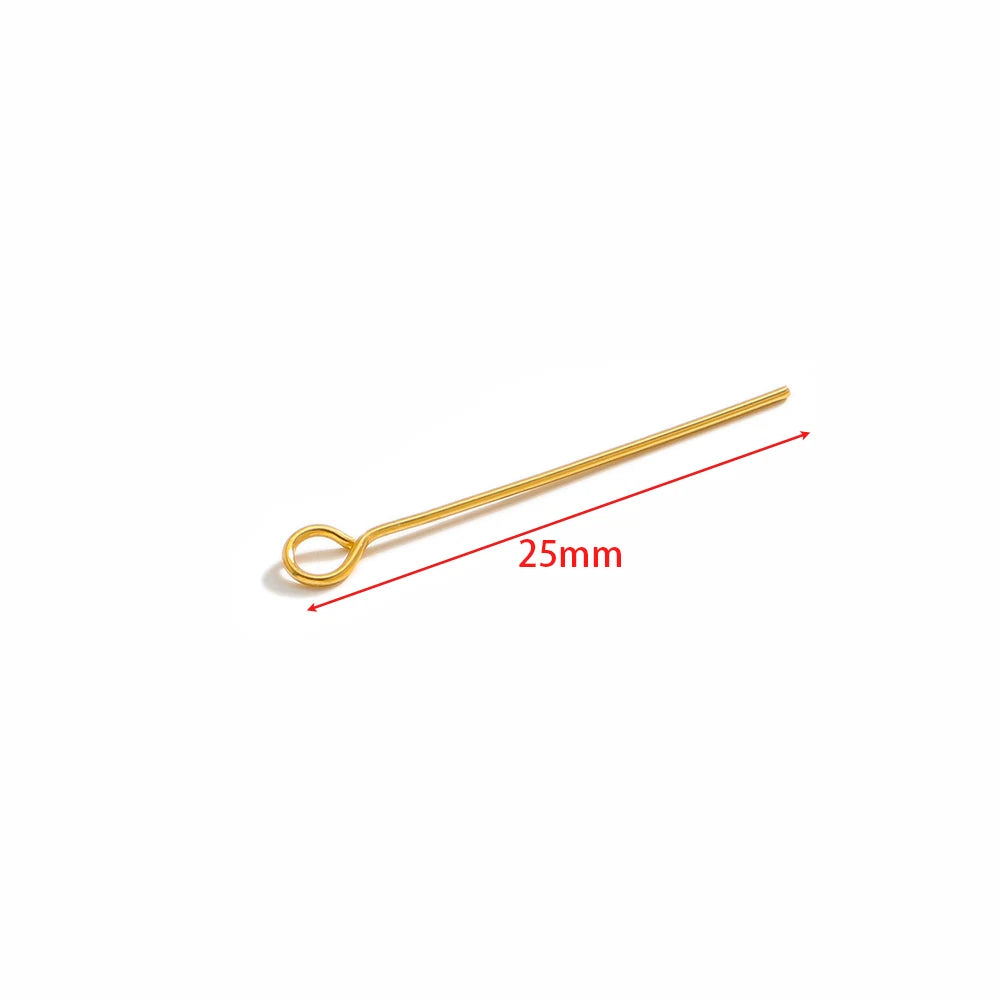 Gold eye pins with loop, stainless steel T-flat head, 25mm length