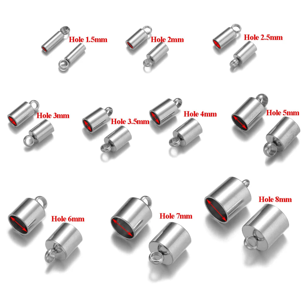 Steel crimp end caps with labeled hole sizes 1.5–8mm, loop eyelets