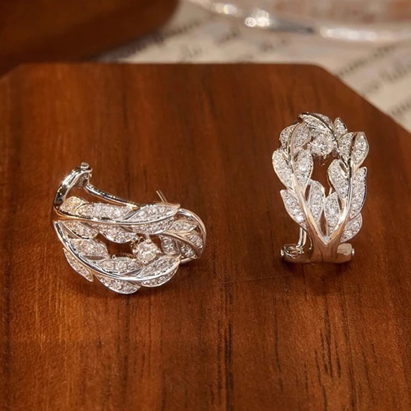 Silver Color Leaf Earrings for Women Full Dazzling Cubic Zirconia Jewelry