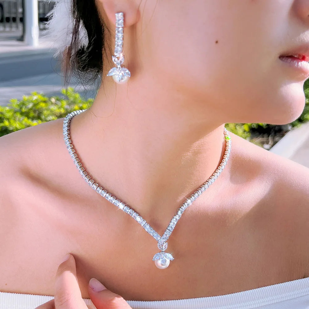 Shiny Cubic Zircon Pearl Necklace Earrings Costume Jewelry Sets for Women Party Bridal Wedding