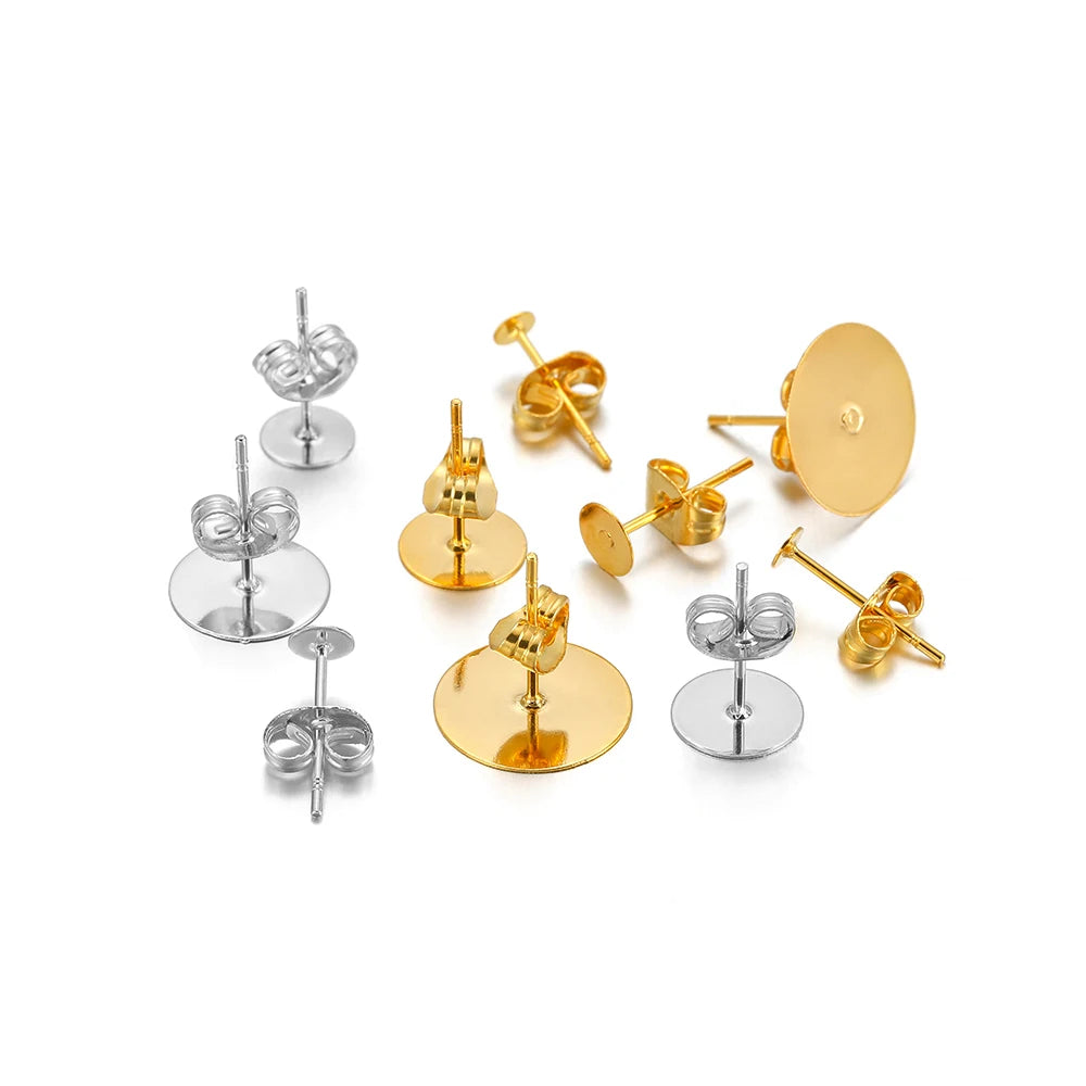 Assorted round flat stud earring settings in silver and gold, DIY blank bases with posts