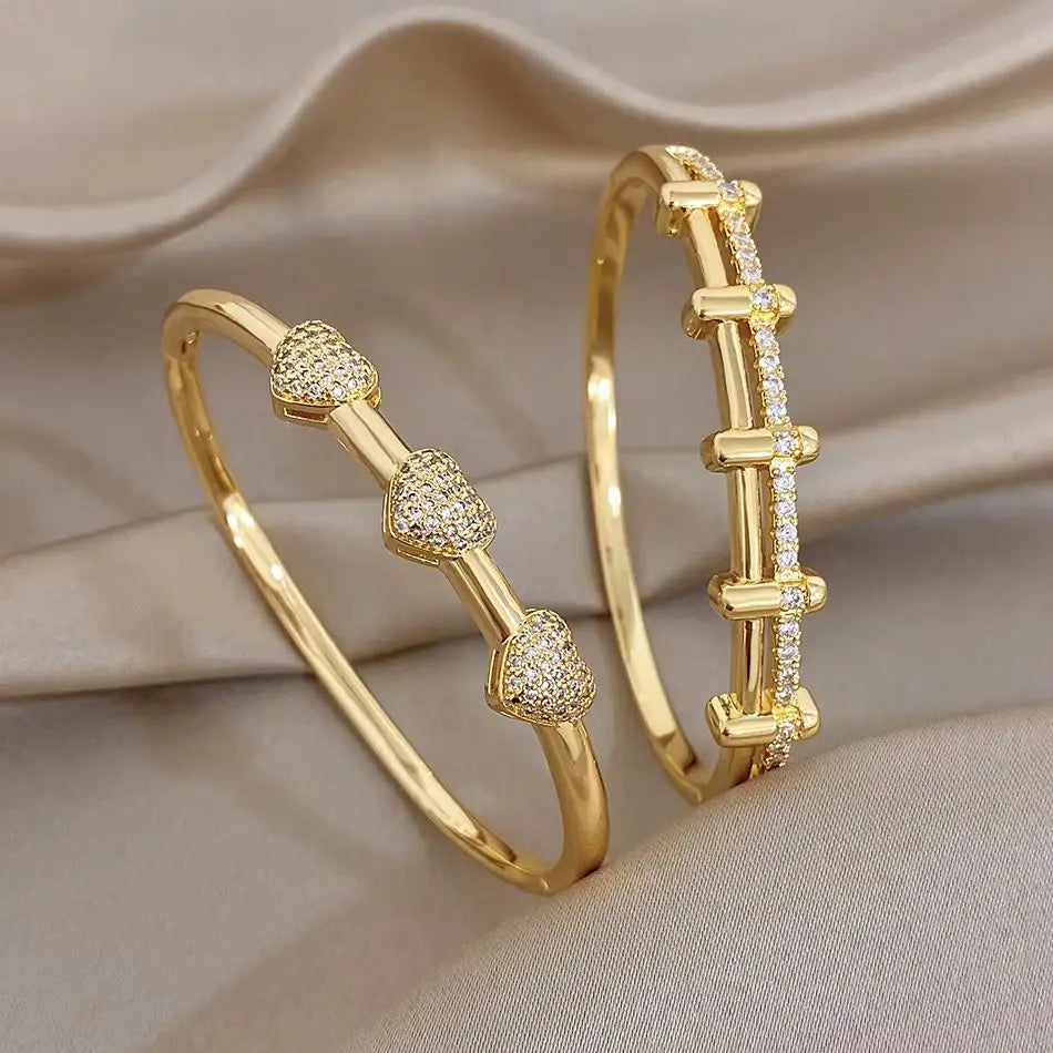 Gold-tone zircon geometric cuff bracelet with bezel-set pave stone links