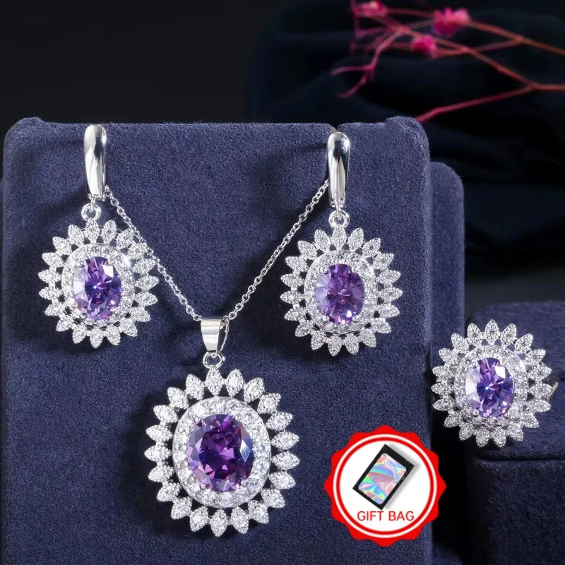 Silver-tone jewelry set with purple oval stones, floral halo earrings, pendant necklace, and ring